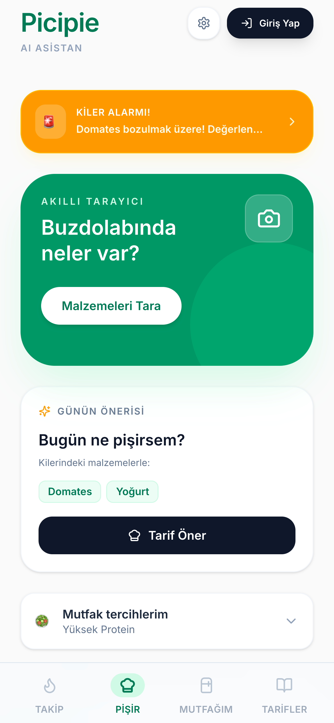 Picipie — tarif için malzeme tarama ekranı