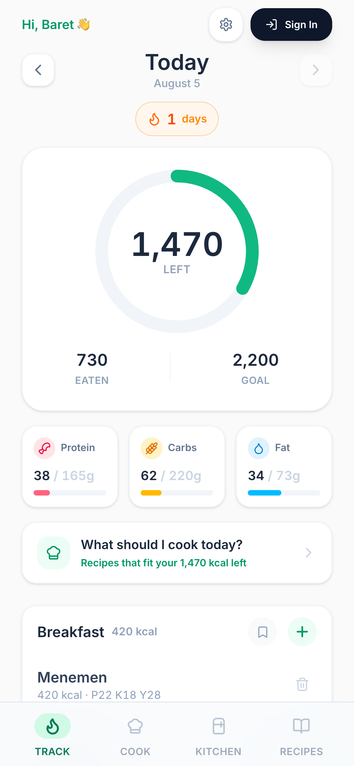 Picipie — daily calorie tracking
