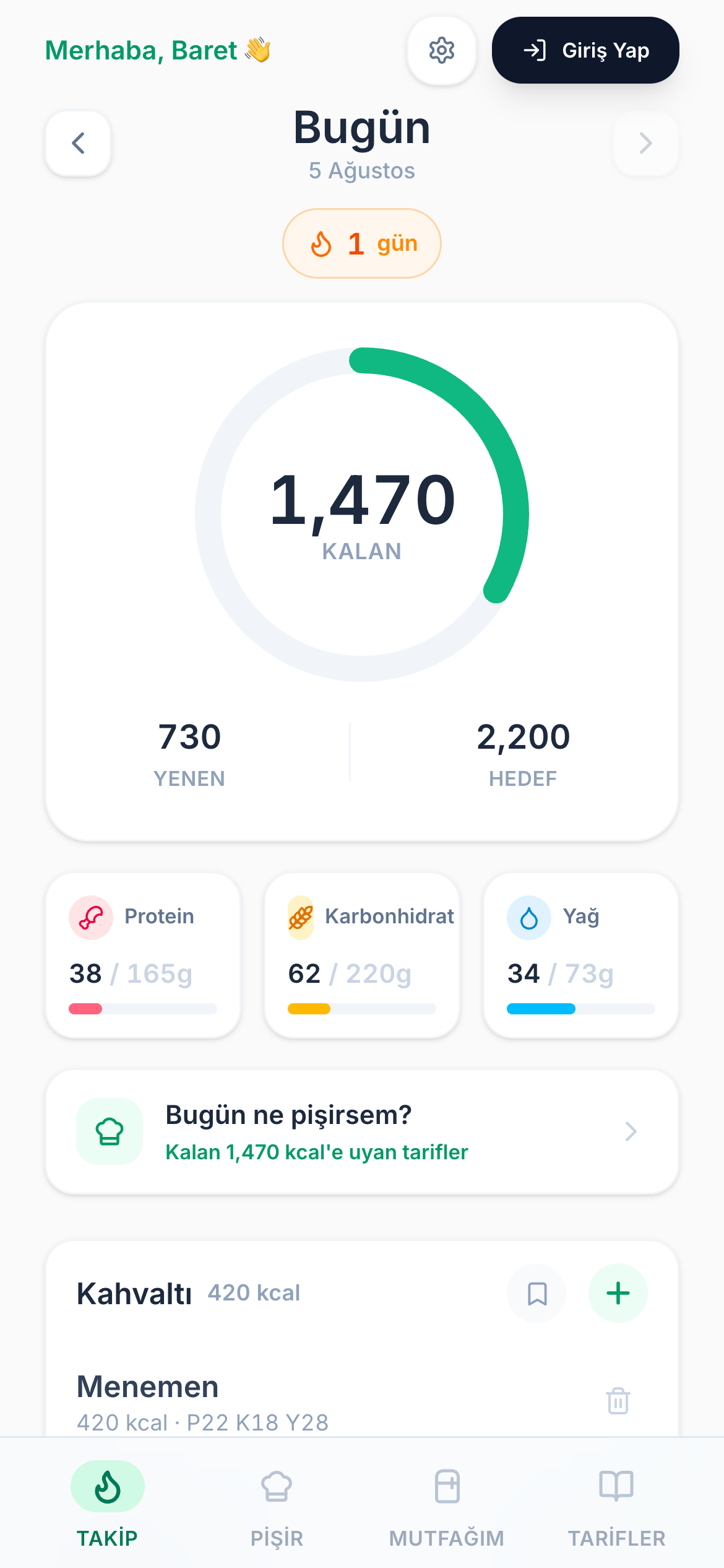 Picipie — günlük kalori takibi